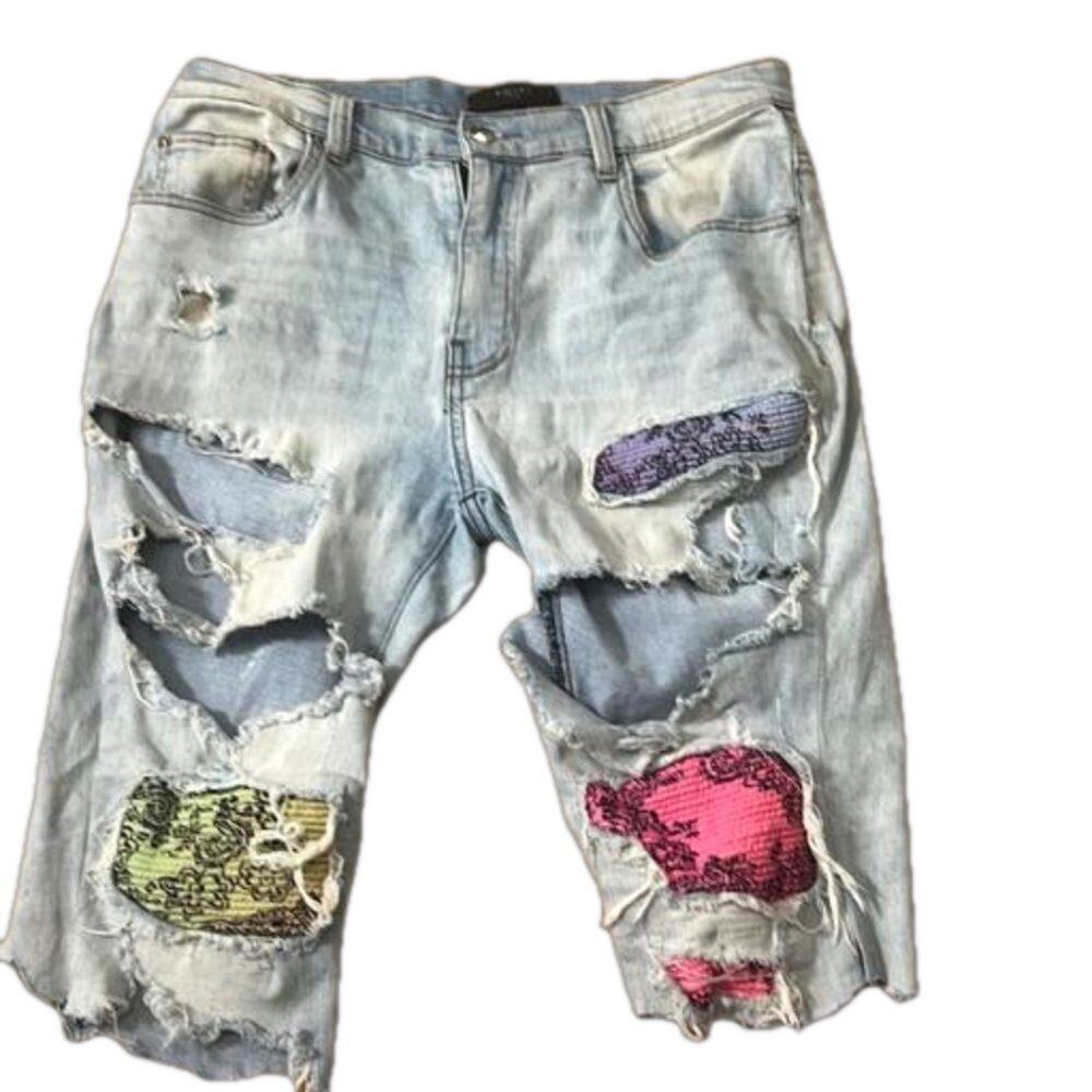 AMIRI PATCHWORK DISTRESSED JEANS SHORTS SIZE 36